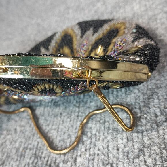 Beaded Evening Bag Womens Black Gold Silver Floral Round Mini Purse - Picture 4 of 8